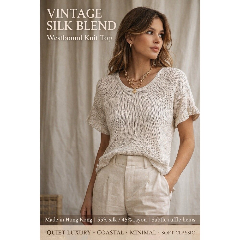 Vintage Silk Blend Elevated Knit Top Ivory Coastal Short Sleeve Sweater Blouse L